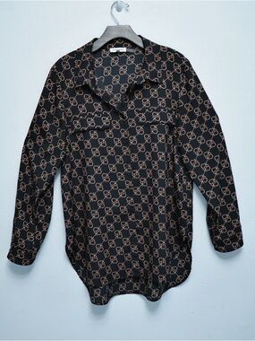 Calvin Klein Black Button-Down Shirt with Brown Logo Print